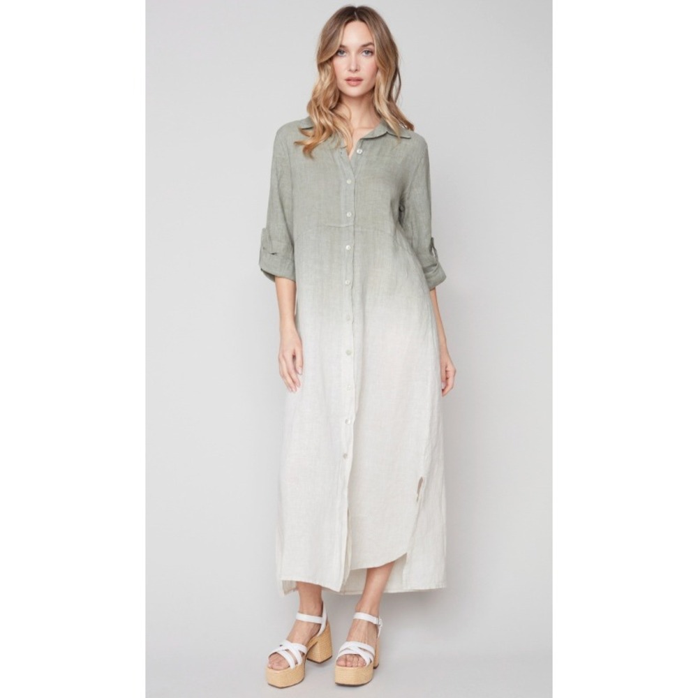 CHARLIE B Shirt Dress Sage Green Ombre Linen Women's Size Large Lagenlook